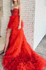 Hot Pink Hi-Low Beaded Sweetheart Prom Dresses, Tulle Tiered Formal Gown