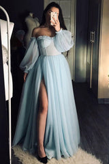 Princess Off-Shoulder Tulle Prom Dresses, Long Slit Formal Gowns