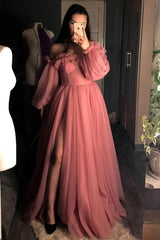 Princess Off-Shoulder Tulle Prom Dresses, Long Slit Formal Gowns