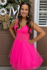 New Short A-Line V-Neck Hot Pink Tulle Homecoming Dresses