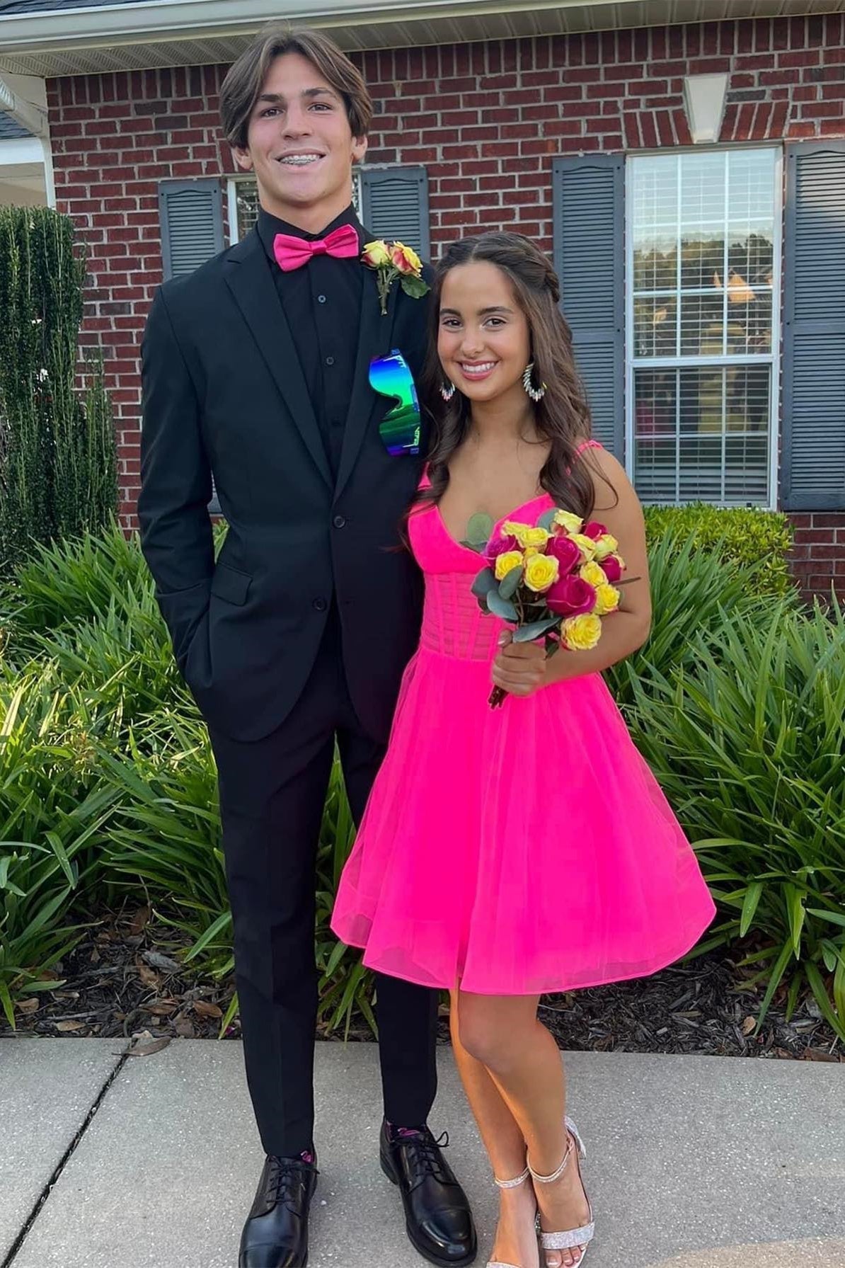 New Short A-Line V-Neck Hot Pink Tulle Homecoming Dresses