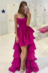 Sweetheart Fuchsia Tiered Hi-Low Prom Dresses, Long Party Dress