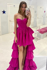 Sweetheart Fuchsia Tiered Hi-Low Prom Dresses, Long Party Dress