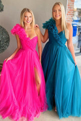 Princess One-Shoulder Ruffled Tulle Prom Dresses, Slit Long Formal Gown