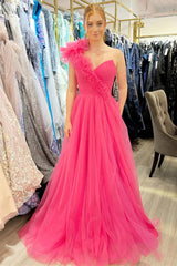Princess One-Shoulder Ruffled Tulle Prom Dresses, Slit Long Formal Gown