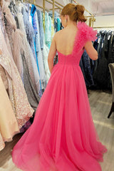 Princess One-Shoulder Ruffled Tulle Prom Dresses, Slit Long Formal Gown
