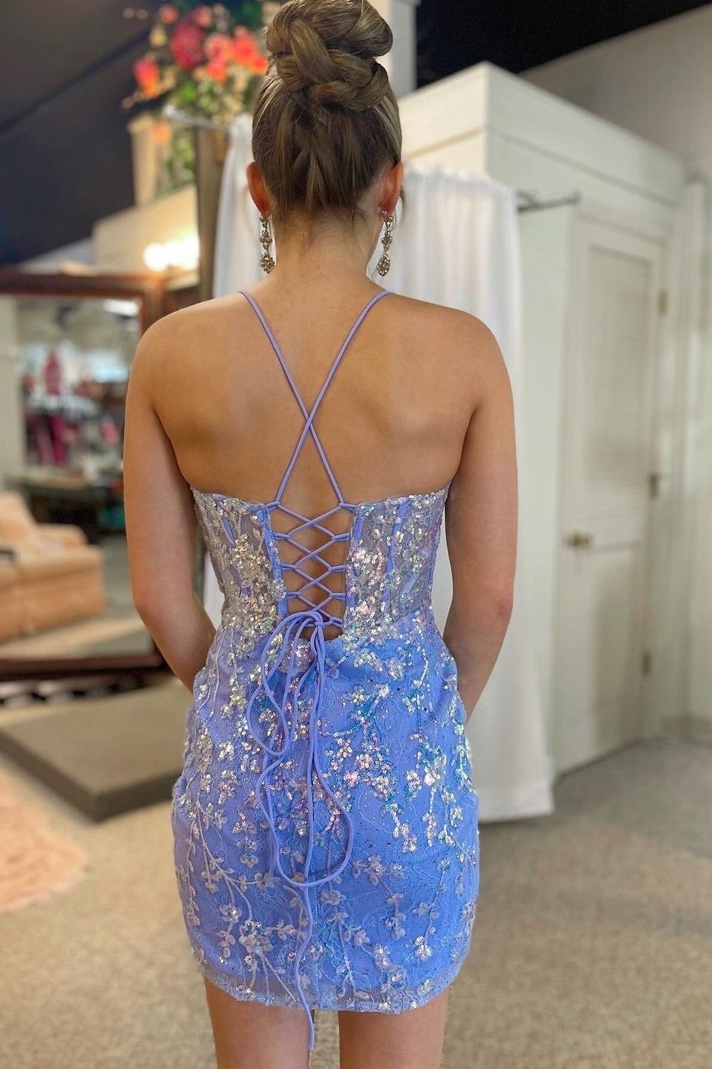 Feather Off-the-Shoulder Purple Short Homecoming Dress with Lace Appliques