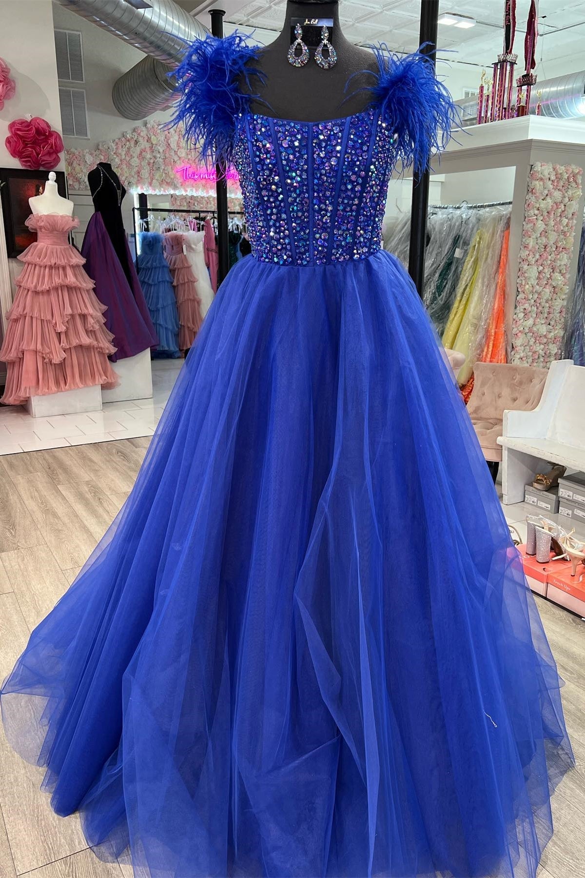 Feather Strap Beaded Royal Blue Tulle Long Prom Dress