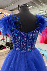 Feather Strap Beaded Royal Blue Tulle Long Prom Dress