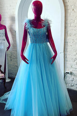 Feather Strap Beaded Royal Blue Tulle Long Prom Dress