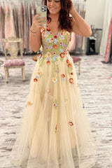 A-Line Spaghetti Straps V-Neck Floral Long Prom Dress