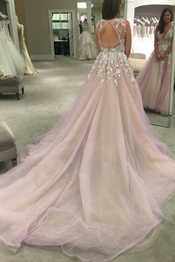 A-Line V-Neck Open Back Wedding Dress with Appliques