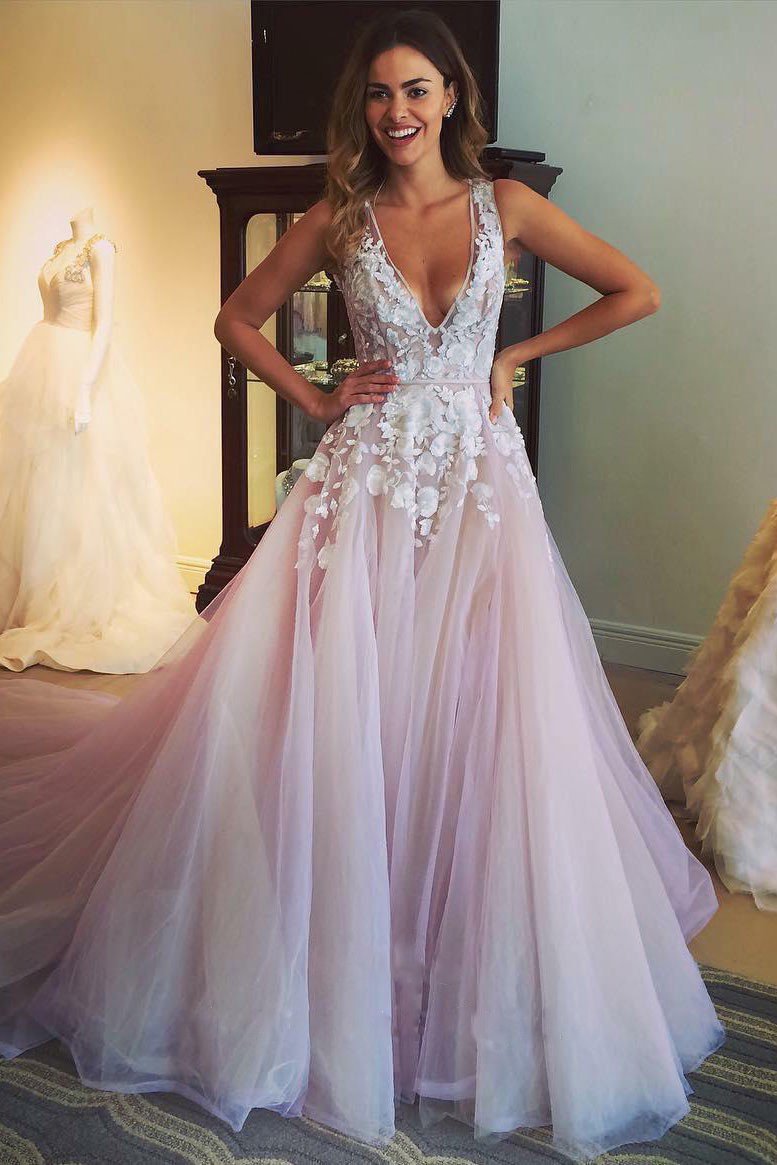 A-Line V-Neck Open Back Wedding Dress with Appliques