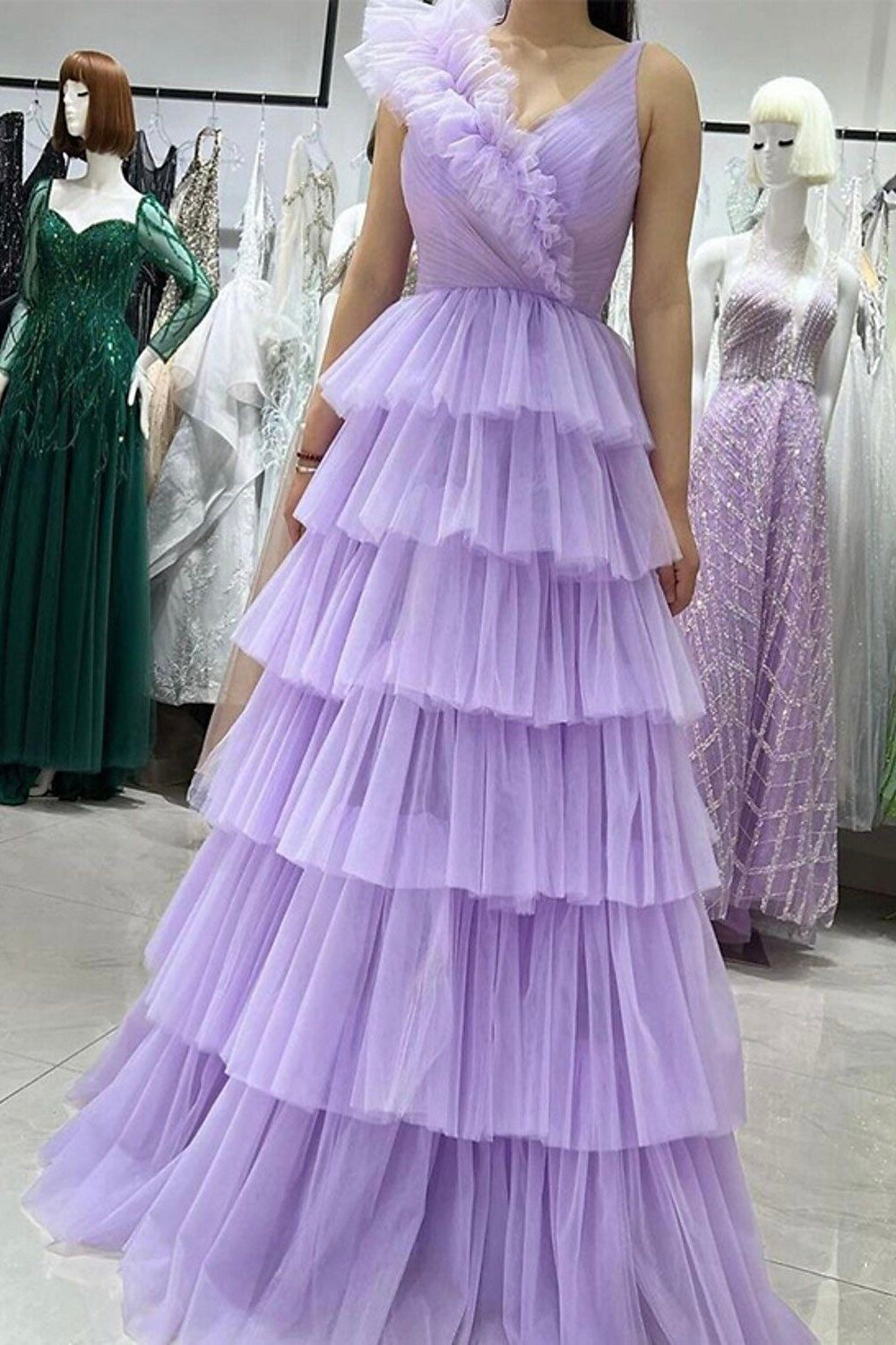 A-Line Lilac Prom Dresses Tulle with Ruffle, Princess Tiered Graduation Gown