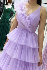 A-Line Lilac Prom Dresses Tulle with Ruffle, Princess Tiered Graduation Gown