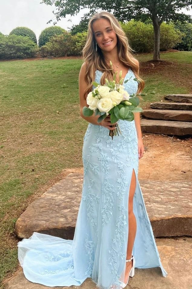 A-Line V-Neck Sky Blue Lace Prom Dress, Formal Evening Gown with Slit