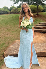 A-Line V-Neck Sky Blue Lace Prom Dress, Formal Evening Gown with Slit