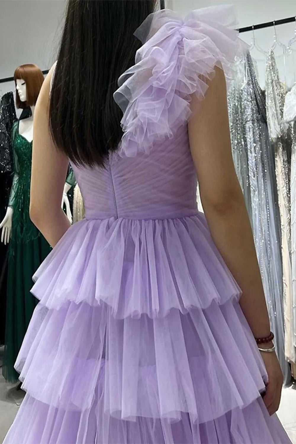A-Line Lilac Prom Dresses Tulle with Ruffle, Princess Tiered Graduation Gown