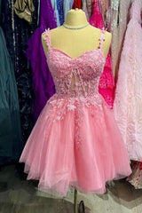 Chic Straps A-Line Pink Tulle Short Homecoming Dress with Appliques
