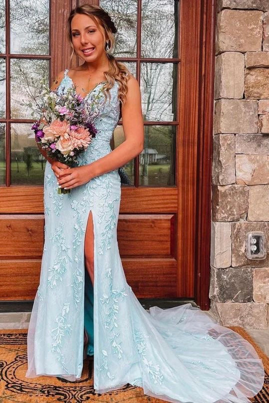 A-Line V-Neck Sky Blue Lace Prom Dress, Formal Evening Gown with Slit