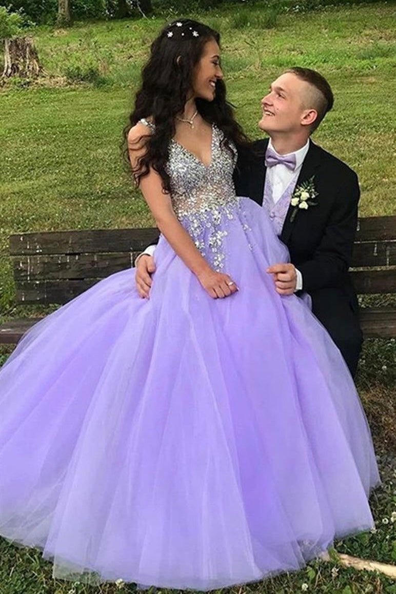 A-Line V-Neck Lilac Tulle Formal Prom Dress with Beading