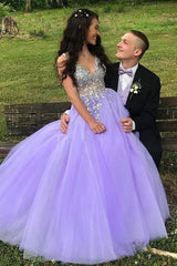 A-Line V-Neck Lilac Tulle Formal Prom Dress with Beading