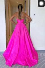 Hot Pink Satin Bra Top Prom Dresses, Unique Long Formal Gown