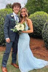A-Line V-Neck Sky Blue Lace Prom Dress, Formal Evening Gown with Slit