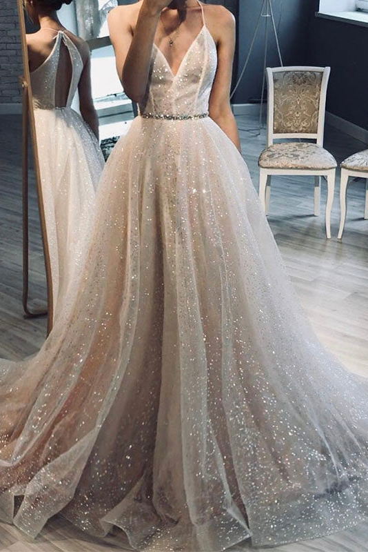 Glitter A-Line V-Neck Beach Wedding Dresses, Sparkly Bridal Gown