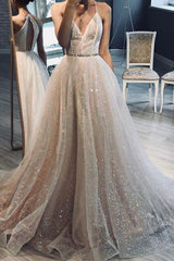 Glitter A-Line V-Neck Beach Wedding Dresses, Sparkly Bridal Gown