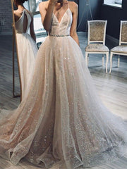 Glitter A-Line V-Neck Beach Wedding Dresses, Sparkly Bridal Gown