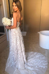 Beautiful A-Line Sweetheart Applique Lace Wedding Dress, Slit Bridal Gown