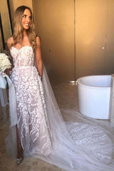 Beautiful A-Line Sweetheart Applique Lace Wedding Dress, Slit Bridal Gown
