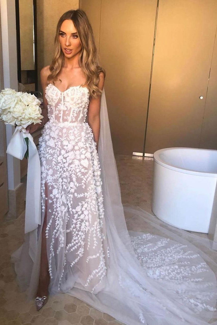 Beautiful A-Line Sweetheart Applique Lace Wedding Dress, Slit Bridal Gown