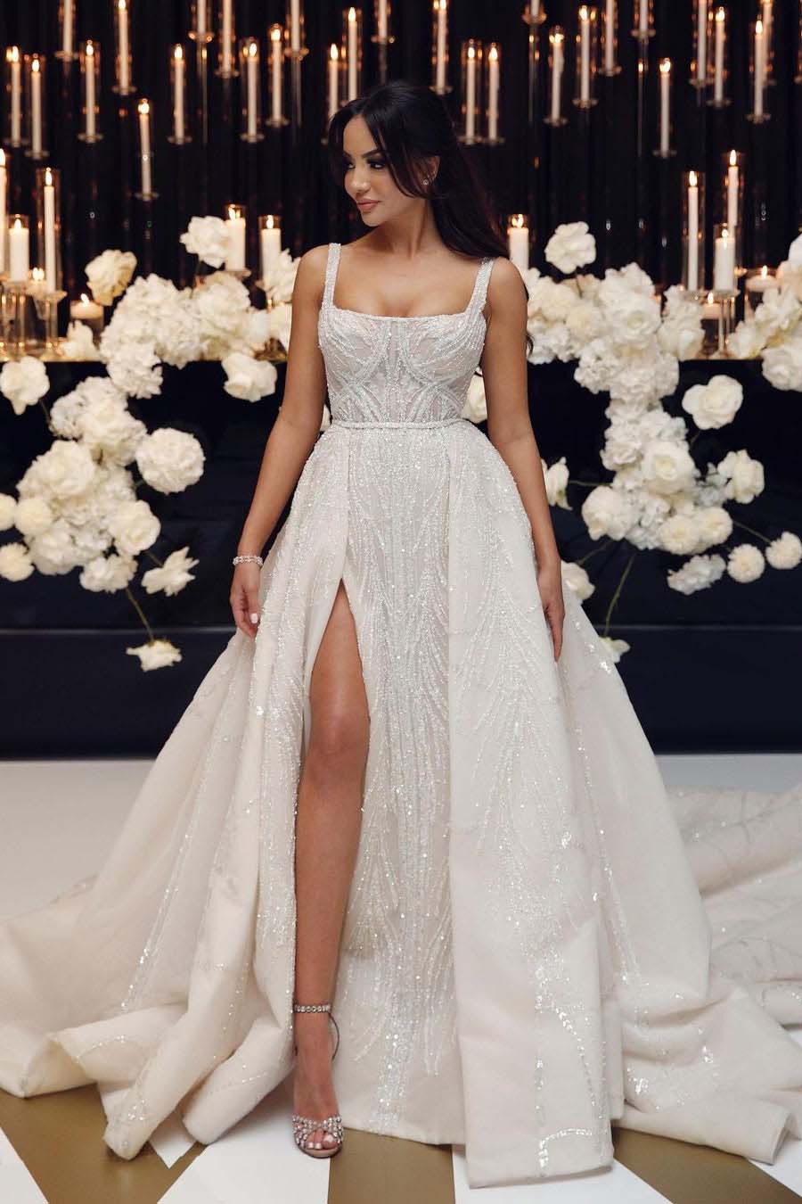 Beaded Straps Gorgeous A-Line Chapel Train Wedding Dresses, Sparkly Backless Wedding Dress