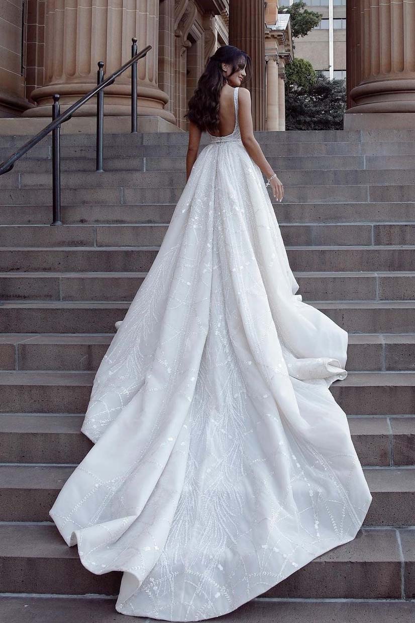 Beaded Straps Gorgeous A-Line Chapel Train Wedding Dresses, Sparkly Backless Wedding Dress