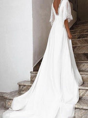 Boho Half-Sleeve Lace Chiffon Beach Wedding Dress