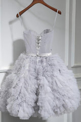 Cute Grey Sweet 16 Spaghetti-Strap Beaded Short/Mini Party Dress