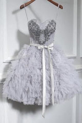Cute Grey Sweet 16 Spaghetti-Strap Beaded Short/Mini Party Dress