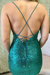 Cowl Neck Green Sequin Sleeveless Short Bodycon Homecoming Dress