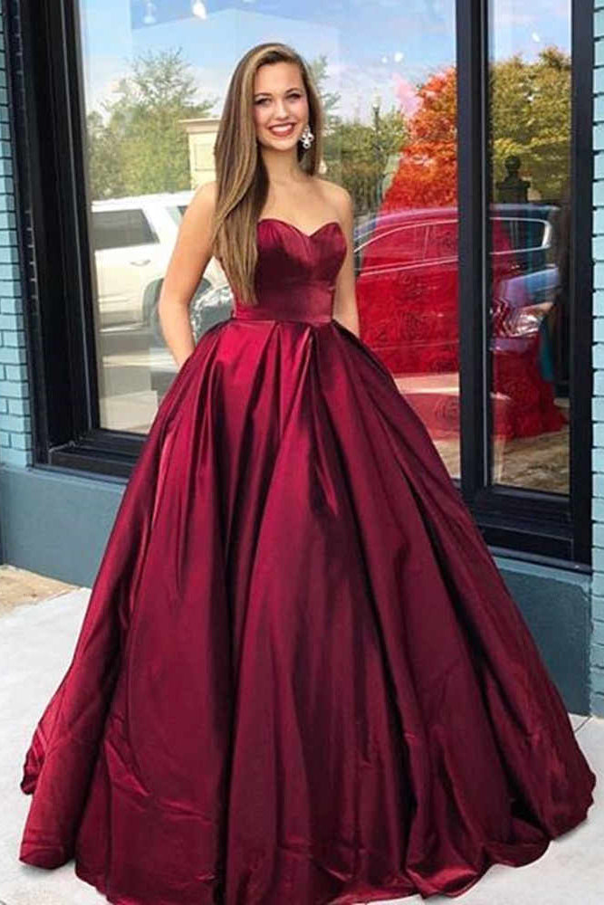Elegant Simple Sweetheart Burgundy Ball Gown Prom Dresses with Pockets