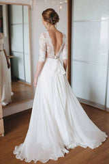 Half Sleeves Lace Chiffon Beach Wedding Dresses, A-Line Boho Bridal Gown