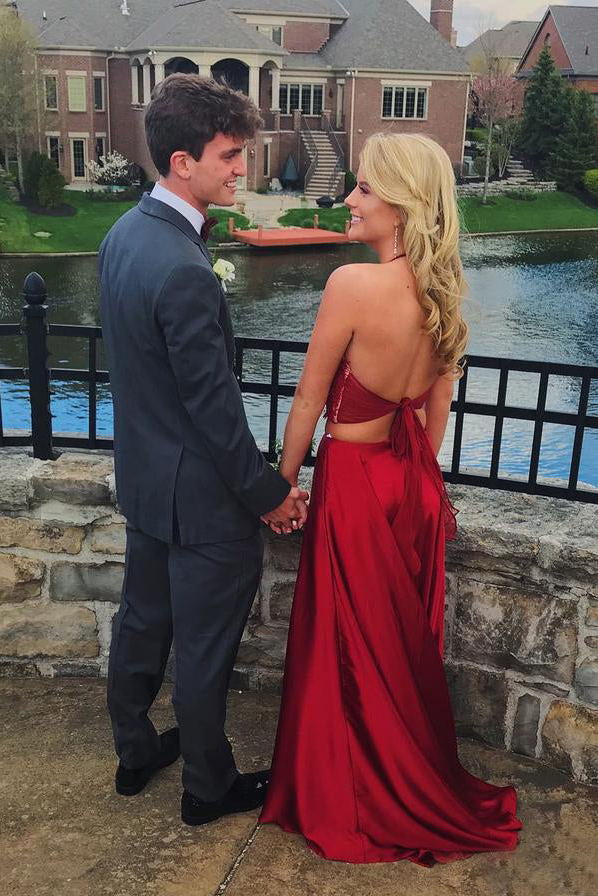 Halter A-Line Two Piece Prom Dresses with Tie Back, Red Evening Gown with Slit