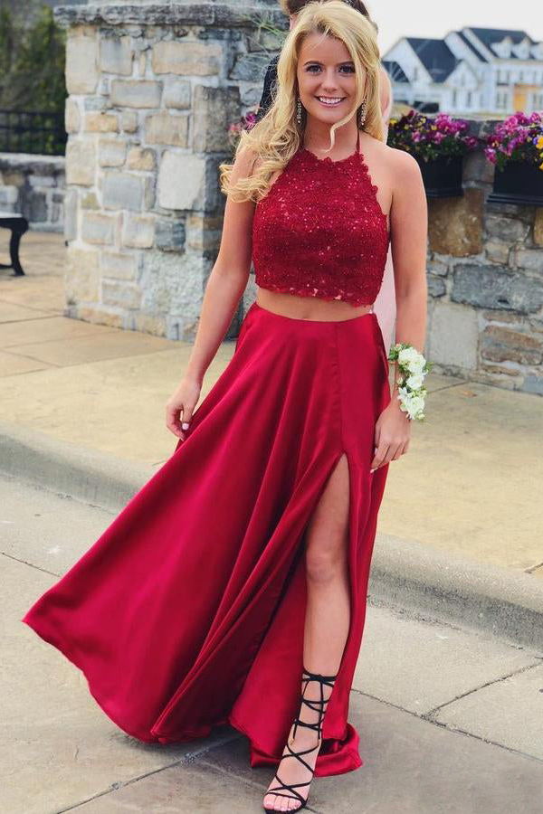 Halter A-Line Two Piece Prom Dresses with Tie Back, Red Evening Gown with Slit