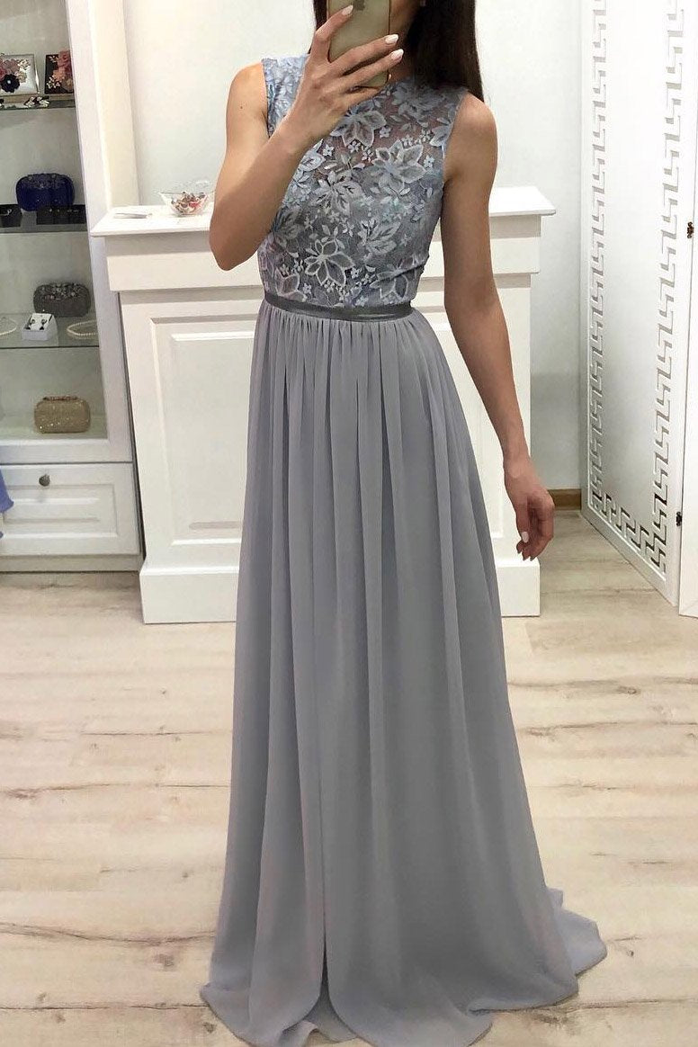 A-Line Chiffon Long Prom Dress with Applique, Grey Long Bridesmaid Dress
