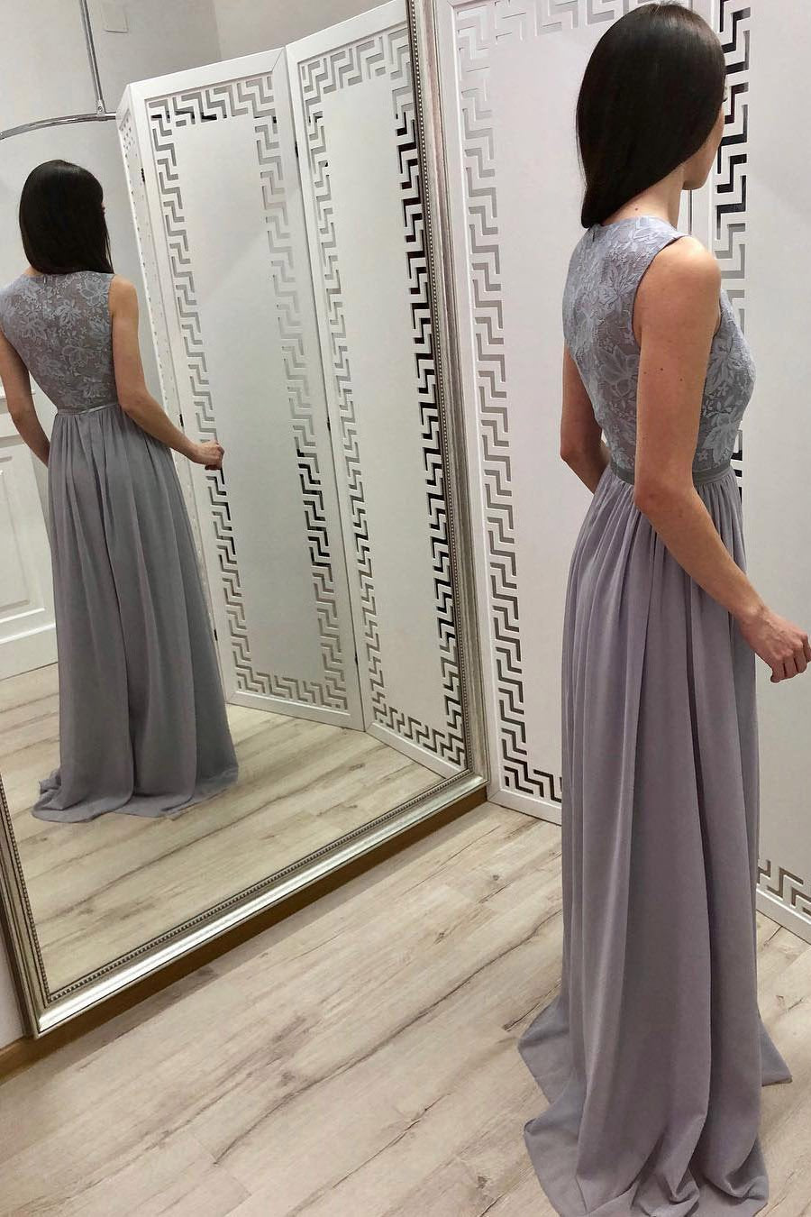 A-Line Chiffon Long Prom Dress with Applique, Grey Long Bridesmaid Dress