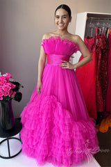 Black A-Line Strapless Layered Tulle Princess Prom Dress
