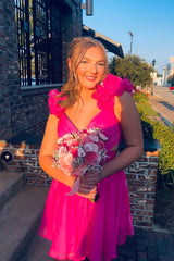 Hot Pink Chiffon Ruffle Shoulders V-Neck Short Homecoming Dresses