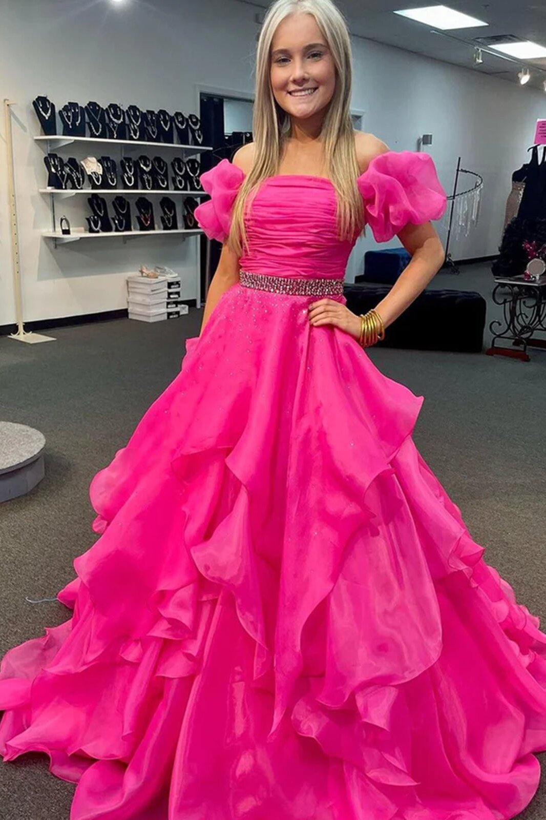 Hot Pink Organza Beading Prom Dresses, Short Sleeves Formal Evening Dress