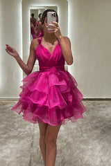 Organza Purple Short Prom Dresses, A-Line Tiered V-Neck Homecoming Dress